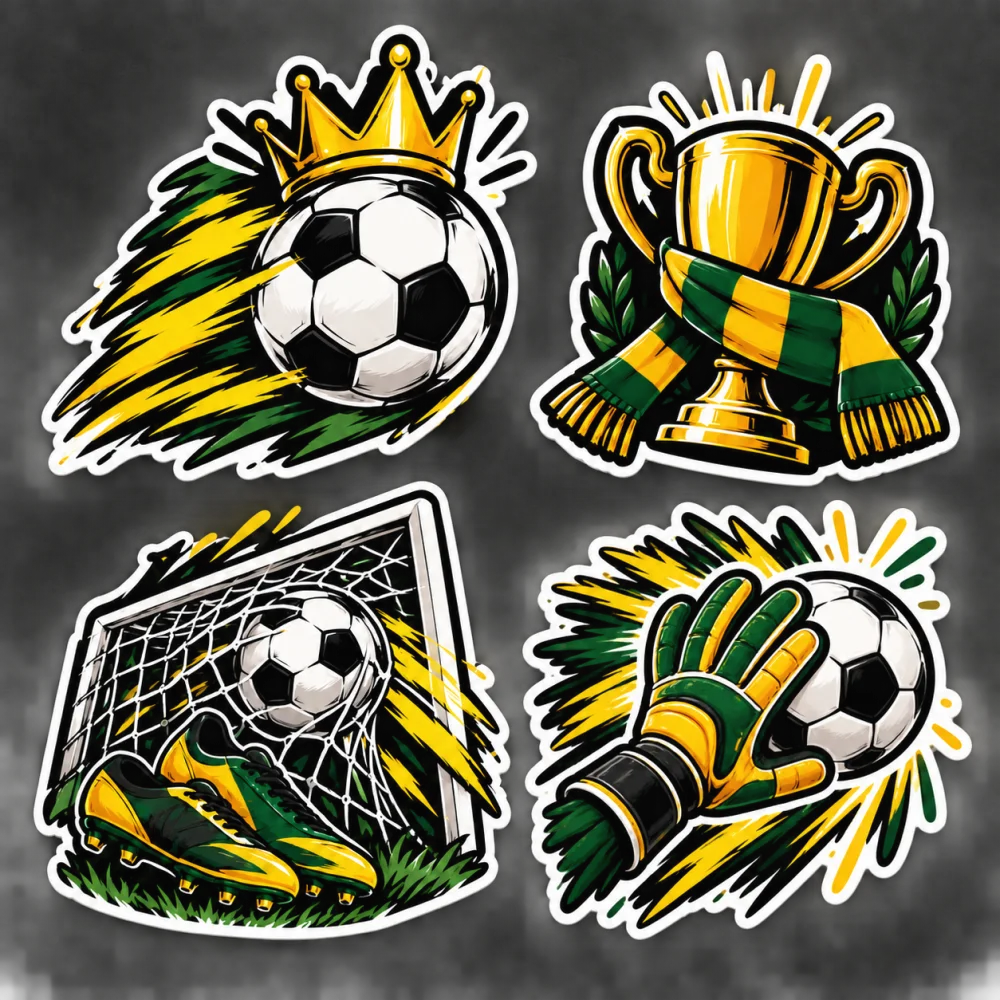 Colección de cuatro stickers futboleros en verde y dorado